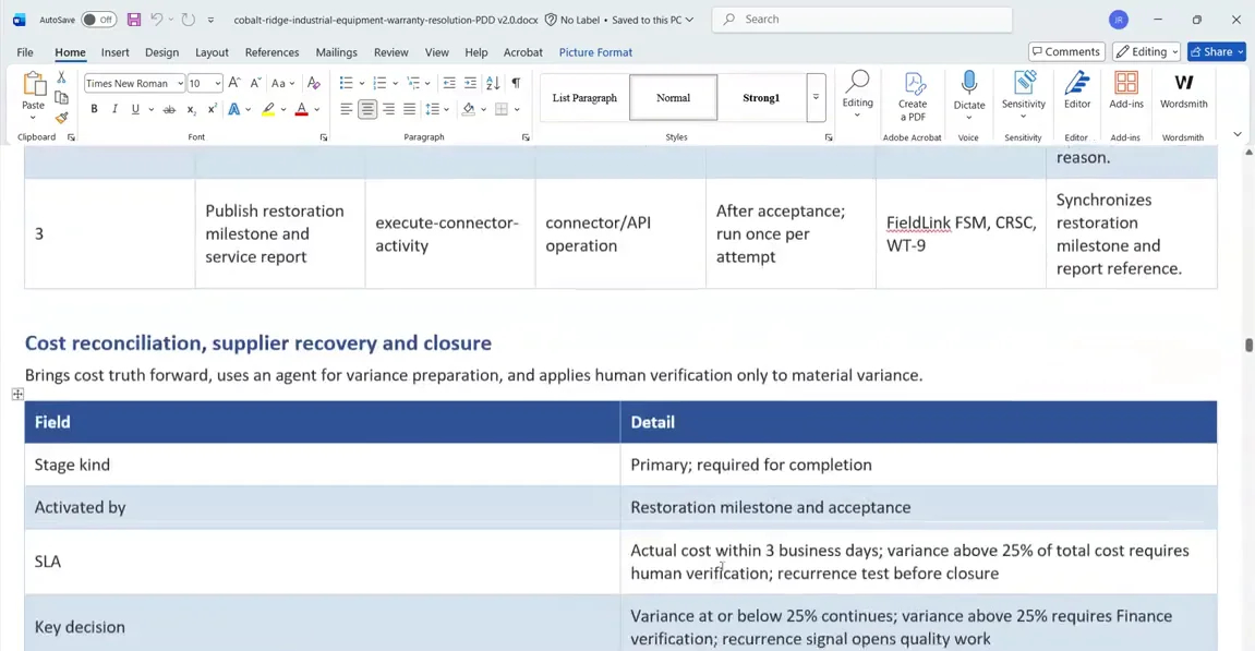 PDD target flow table for the cost reconciliation stage