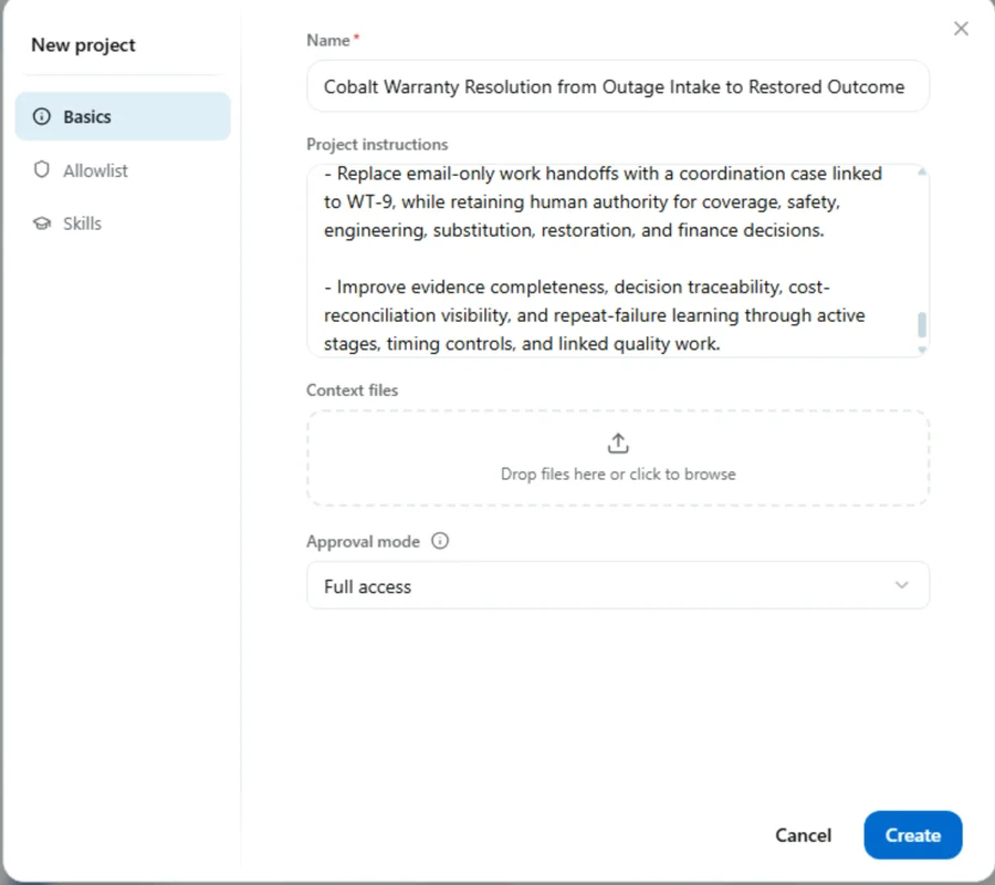 New project dialog filled in with the project name and the Cobalt Ridge brief