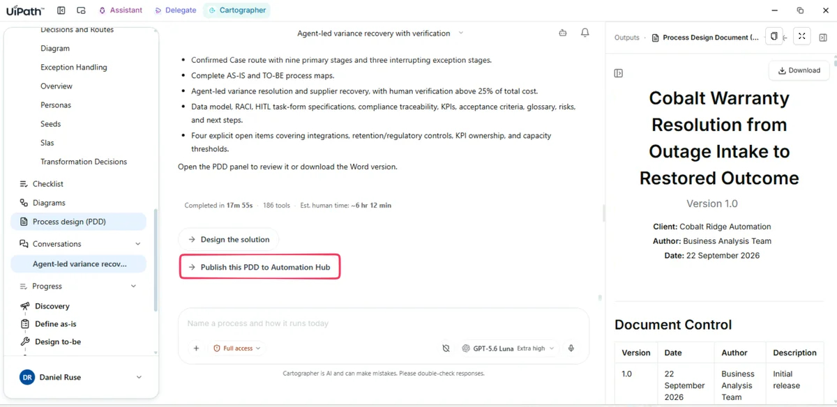 Publish this PDD to Automation Hub option in Cartographer