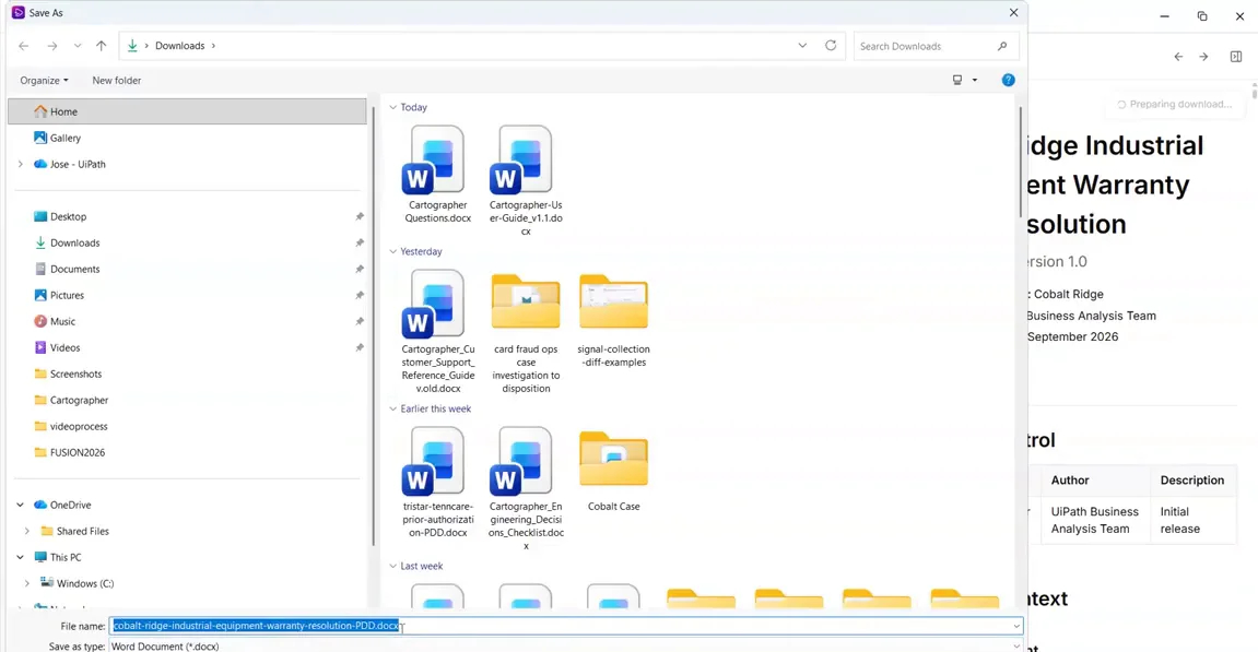 Save As dialog saving the generated PDD as a Word document