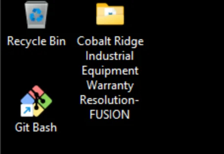 VM desktop with the Cobalt Ridge Industrial Equipment Warranty Resolution-FUSION folder