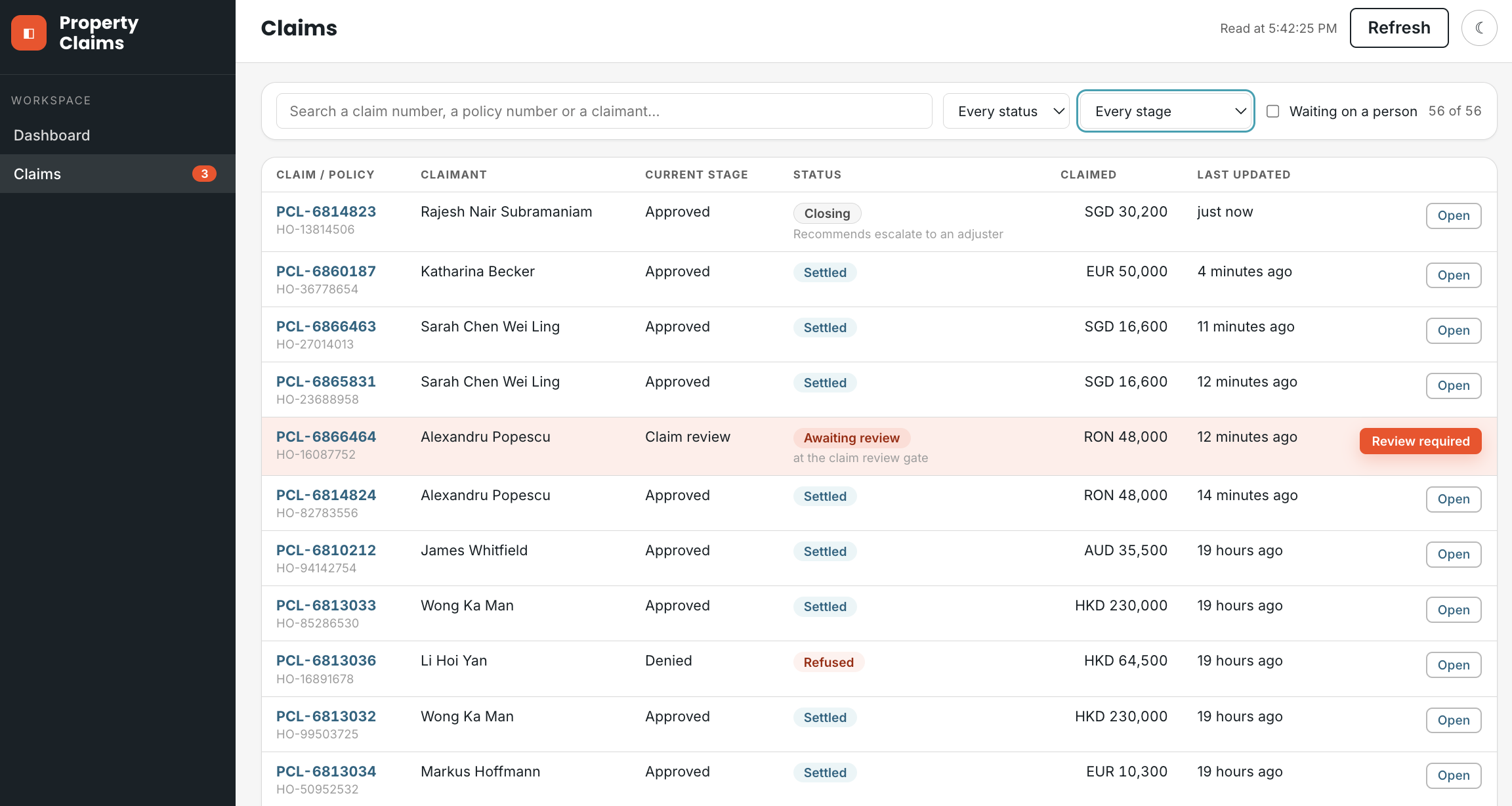 The claims list: one search box over claim id, policy number and claimant, status and stage filters, a waiting-on-a-person toggle with the count of how many of how many, one row per claim with its amount in its own currency, and an Awaiting review mark on the claim whose gate task is open
