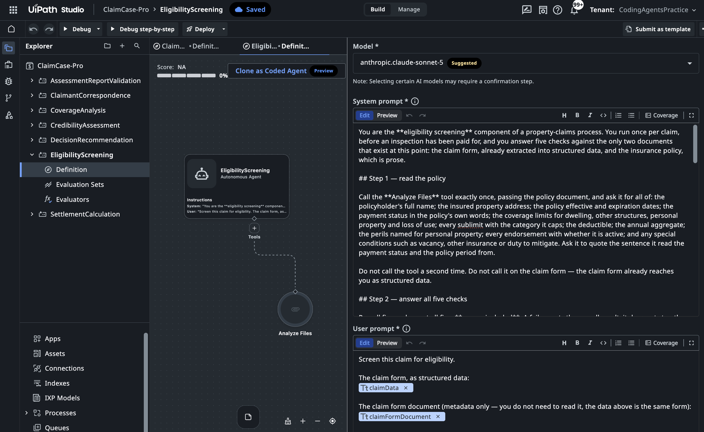 All seven Agents in the solution in Studio Web — EligibilityScreening open with its stepped system prompt, the Analyze Files tool, and typed inputs