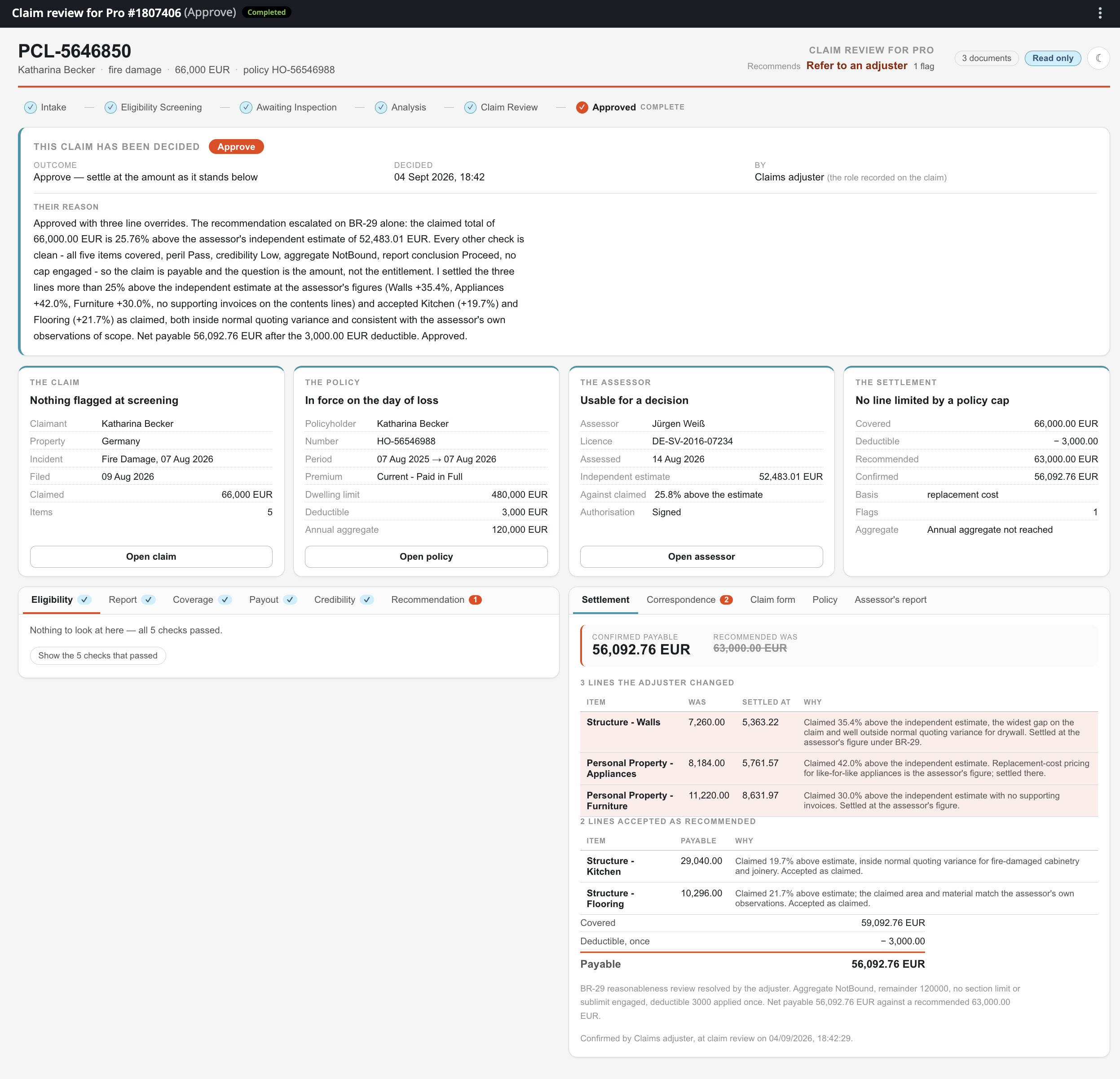 The claim review screen as built by Opus 5