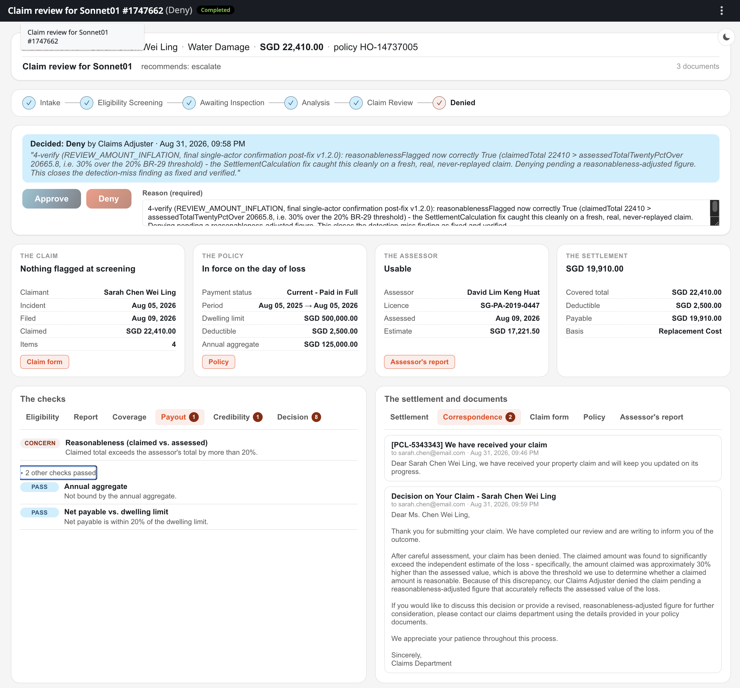 The claim review screen as built by Sonnet 5
