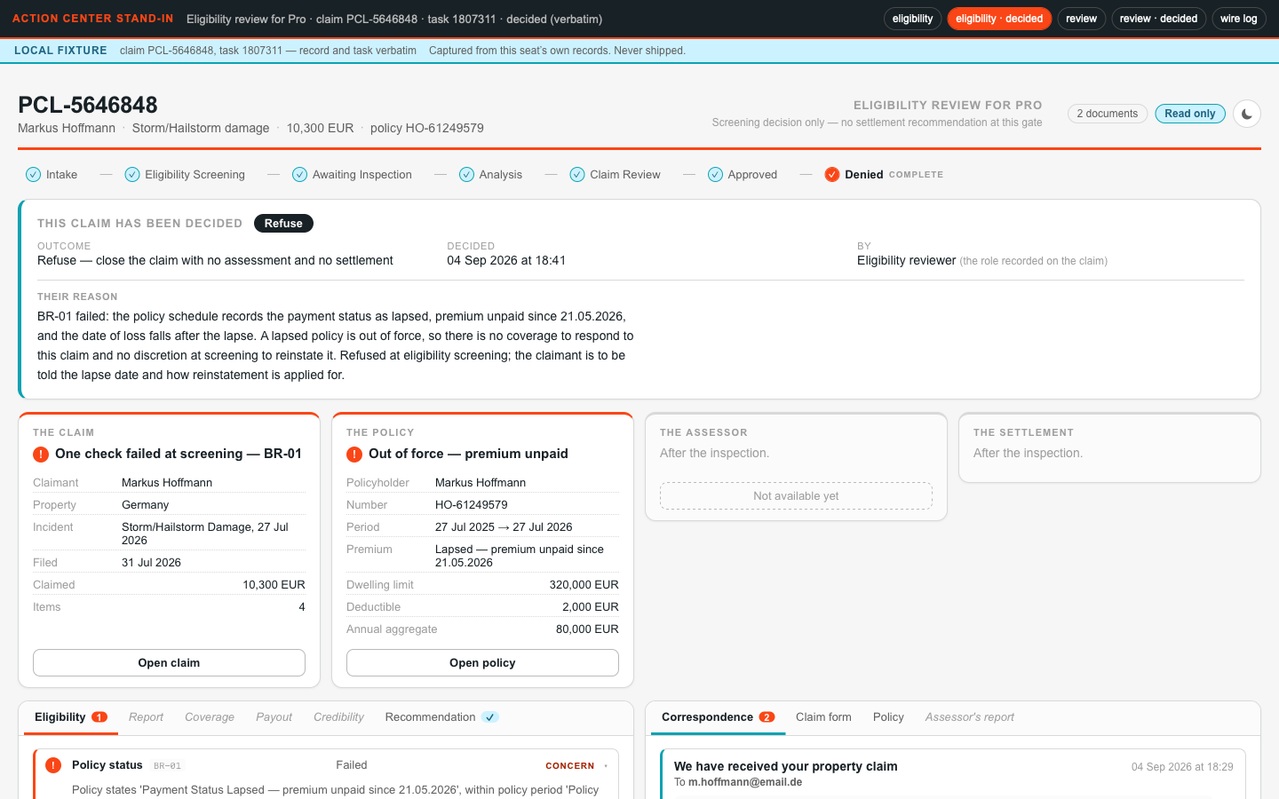 Localhost review — the eligibility gate after a decision: the claim still identified, the decision that survived