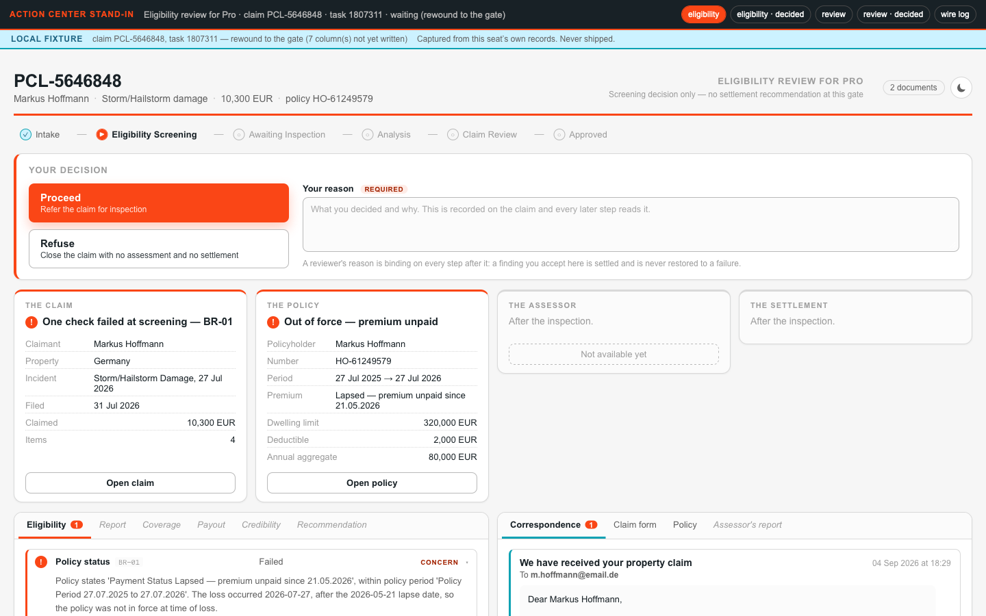 Localhost review — the eligibility gate, open: all five checks with results and reasons