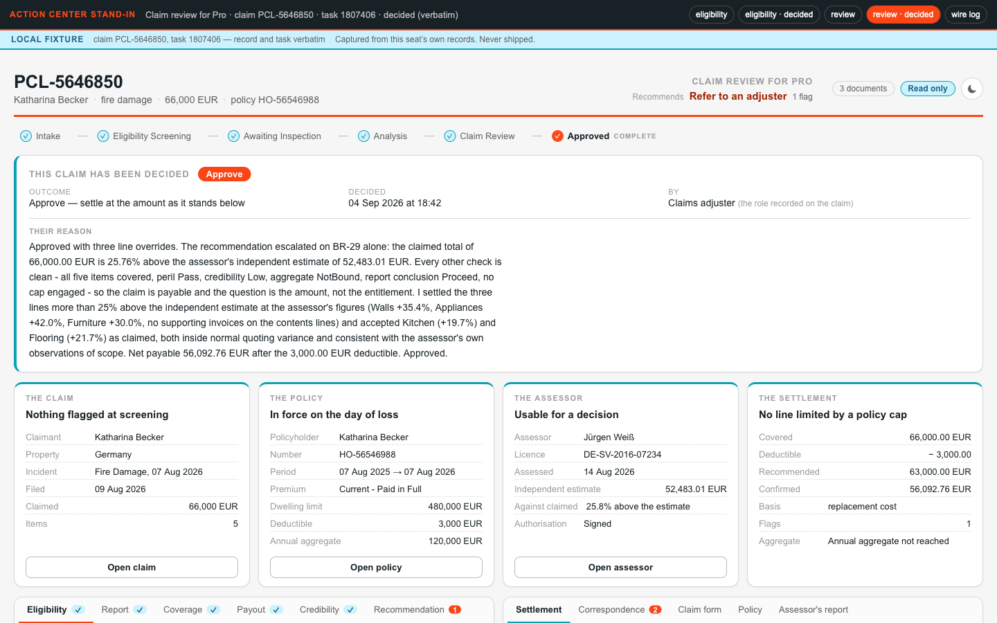 Localhost review — the claim review gate after a decision, carrying a real settlement override