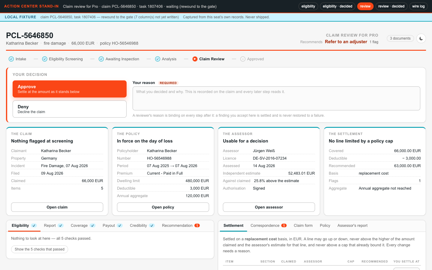 Localhost review — the claim review gate, open: findings side by side, the recommendation, the settlement line by line