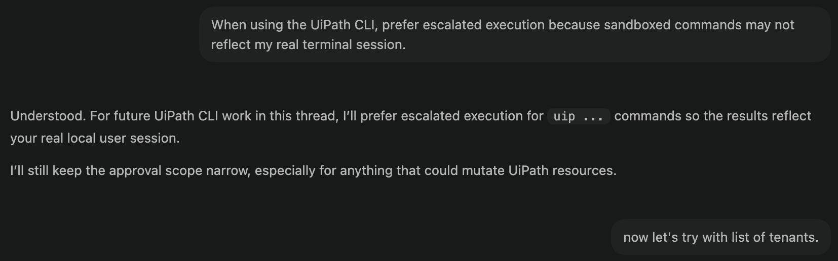 A coding agent proposing the uip command sequence after a plain-language request