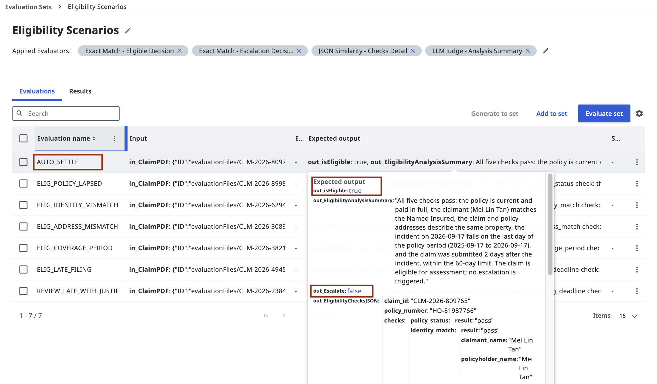 The Eligibility Scenarios evaluation set in Studio Web with seven test cases and the expected output of AUTO_SETTLE open