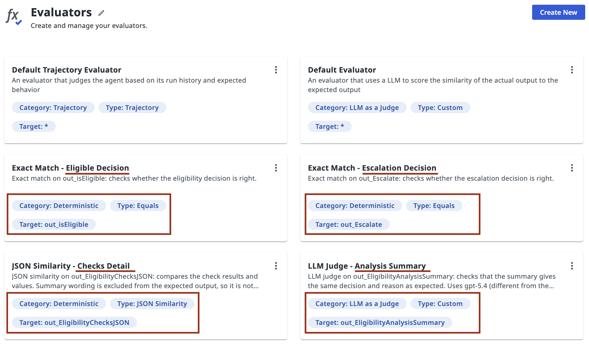 The four evaluators in Studio Web, each with its category, type and target output field