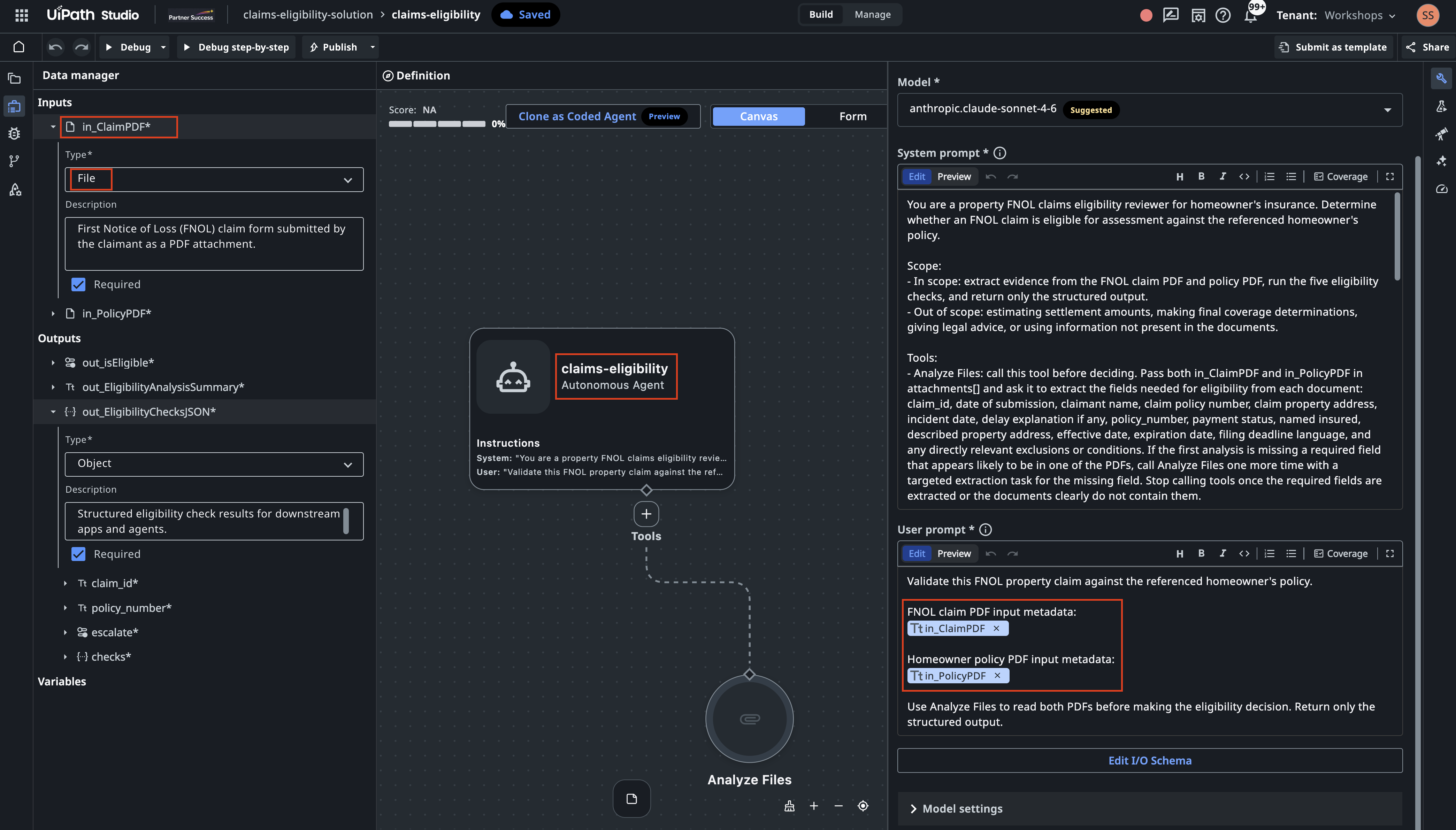A low-code agent built by the coding agent, open in Studio Web, with its file inputs, outputs, prompts and the Analyze Files tool