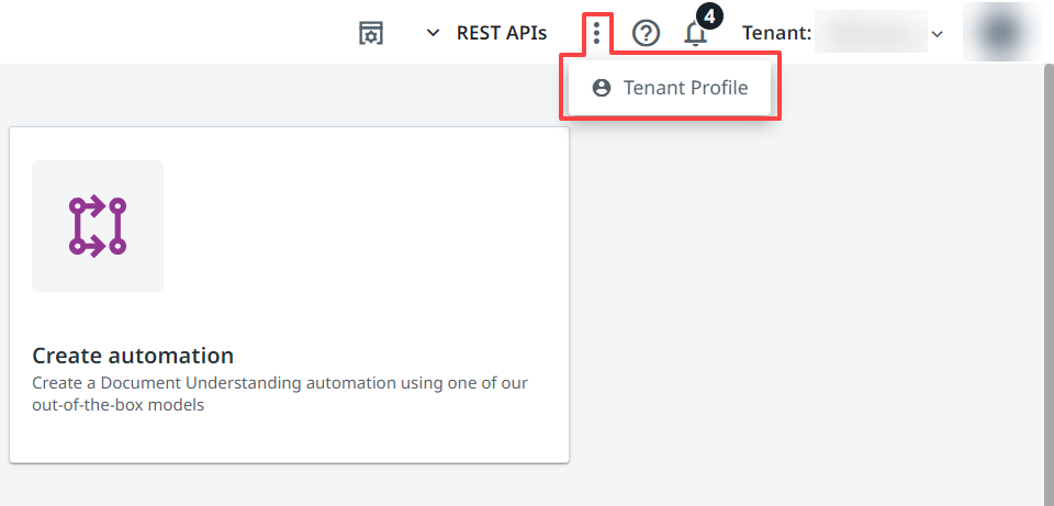 Screenshot of the Tenant profile button
