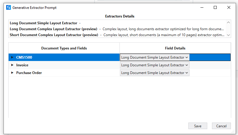 Generative Extractor Prompt dialog showing Extractor Details and Document Types