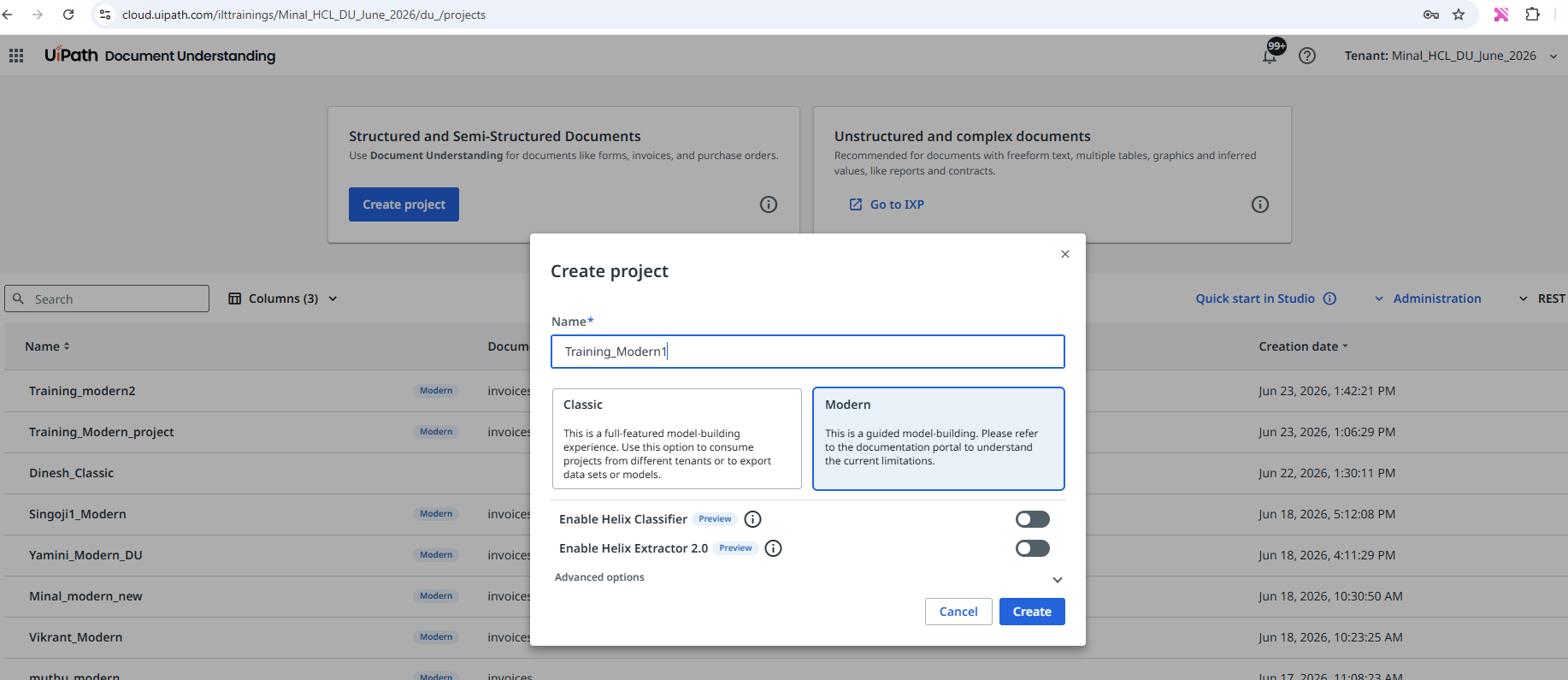 Create Project screen