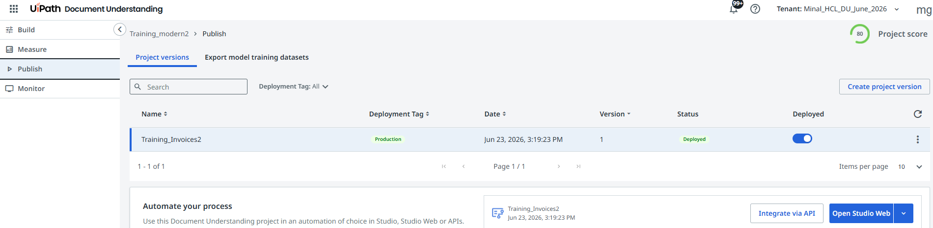 Open Studio Web button on the Publish page