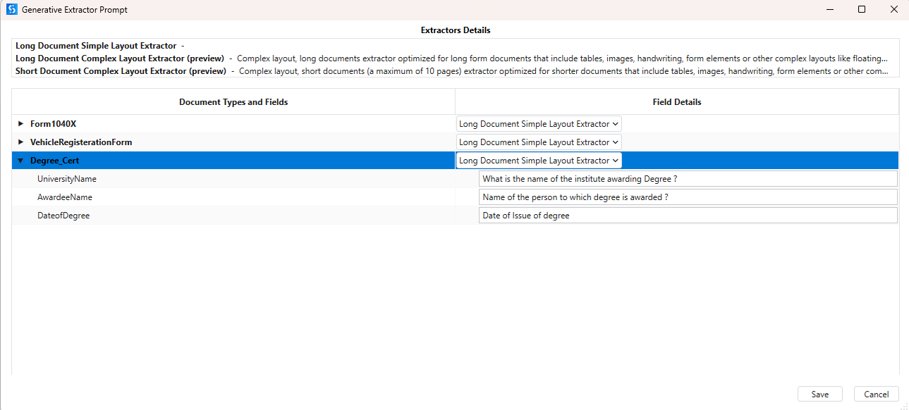Generative Extractor — Manage Field Details