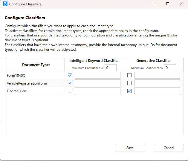 Generative Classifier configuration settings