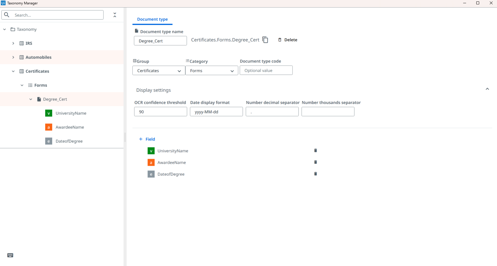 Taxonomy Manager with document types and fields
